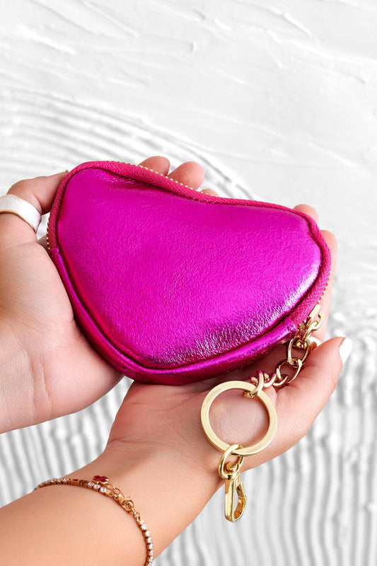 Heart-shaped metallic fuchsia coin purse with zip