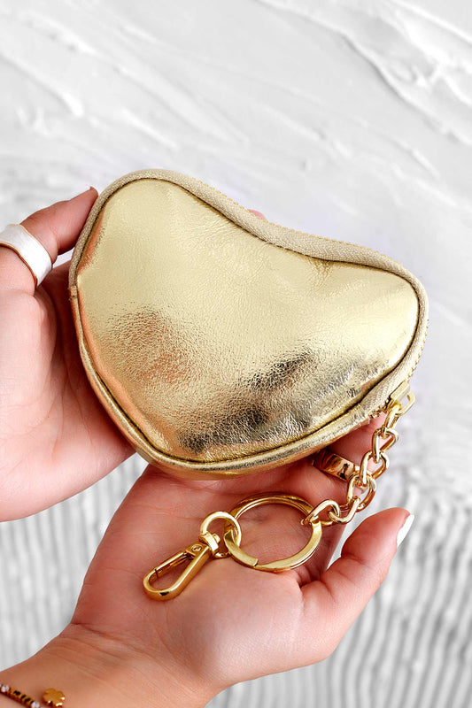 Metallic gold heart coin purse with zipper