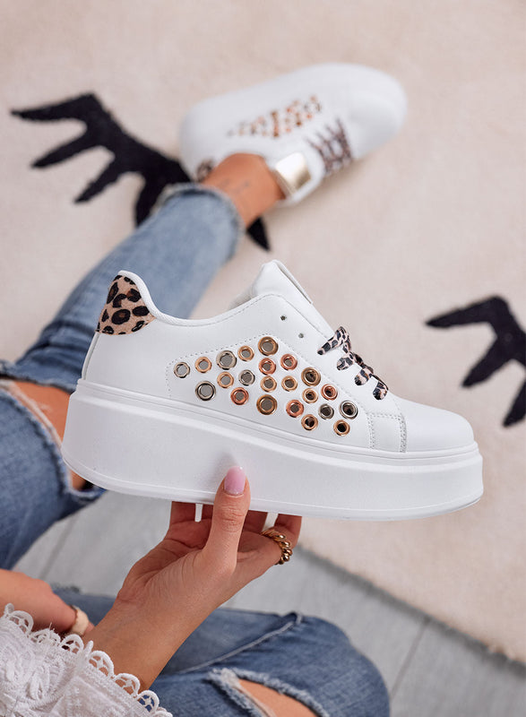 RAFFAELLA - White perforated sneakers with eyelets and animal print inserts