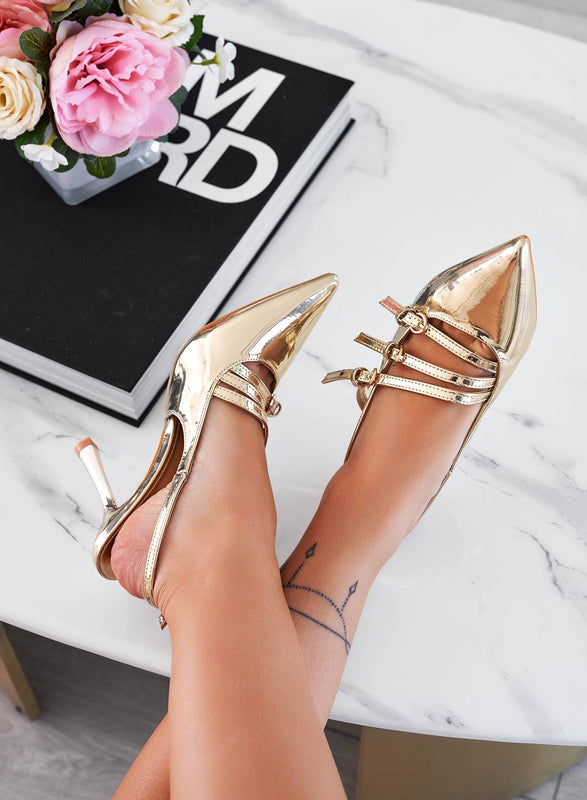 RAYNA - Gold patent pumps with buckles