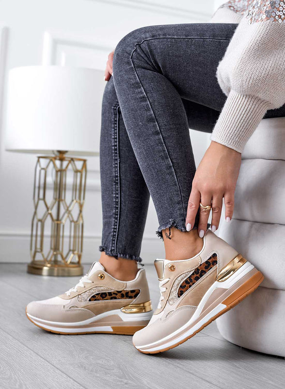 Beige sneakers with glitter and animal print inserts
