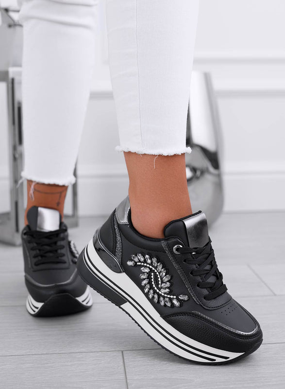 REGINA - Black sneakers with silver jewel application