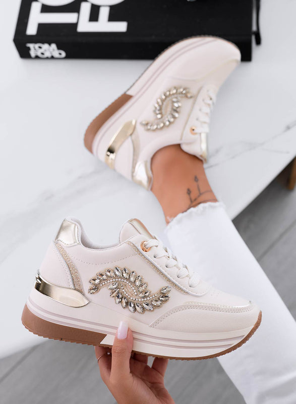 REGINA - Beige sneakers with gold jewel application
