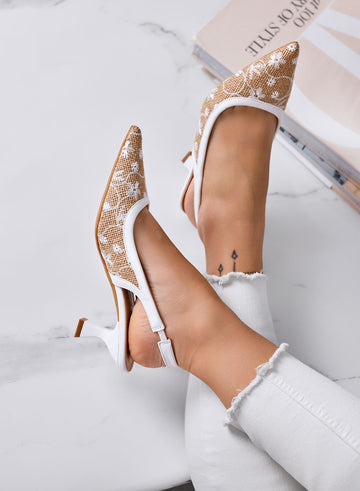 REMY - Escarpins slingback beiges à bout pointu avec broderie blanche et talon bas 7 cm