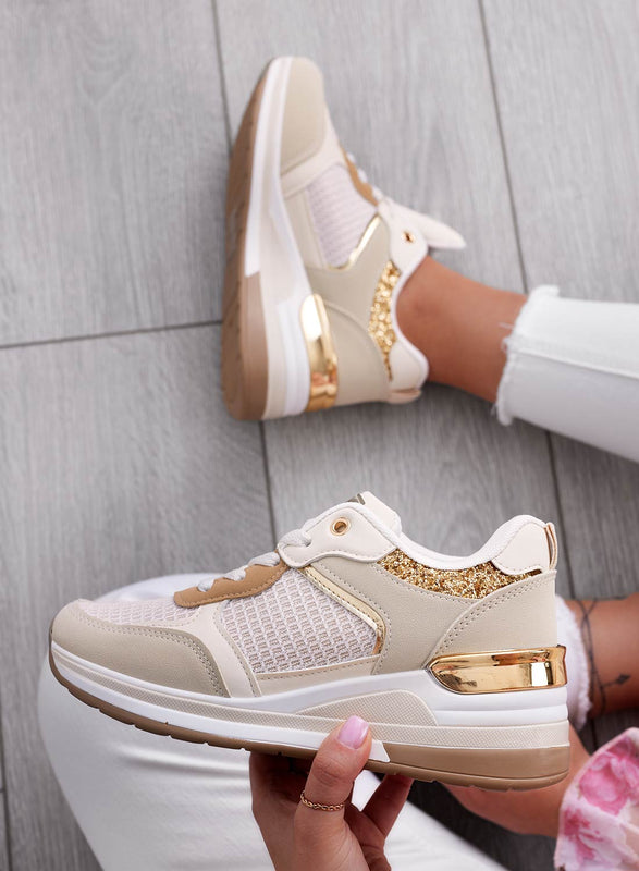 RIVET - Beige sneakers with gold glitter inserts