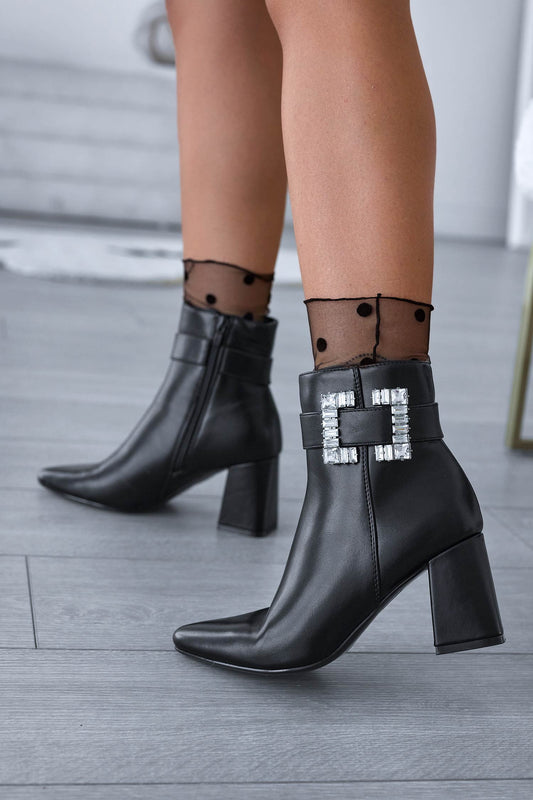 ROMEO - Black ankle boots with comfortable heel and jewel plaque