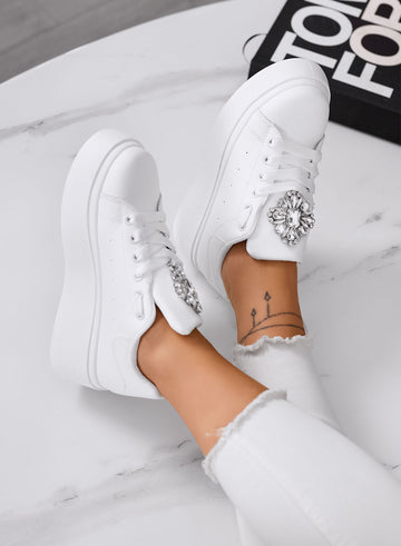 RONNIE - Zapatillas blancas con plataforma y maxi flor joya plateada