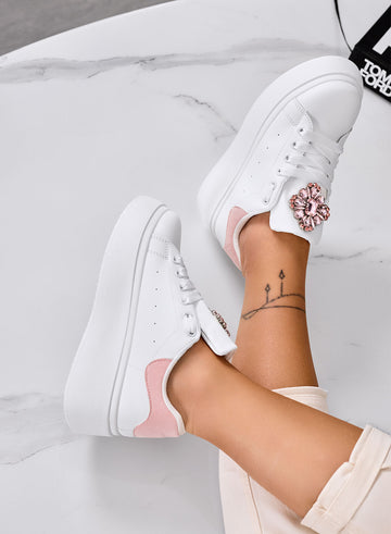 RONNIE - White platform sneakers with large pink jeweled flower