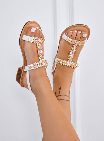 RORY - Sandali bianchi bassi gioiello con strass rosa