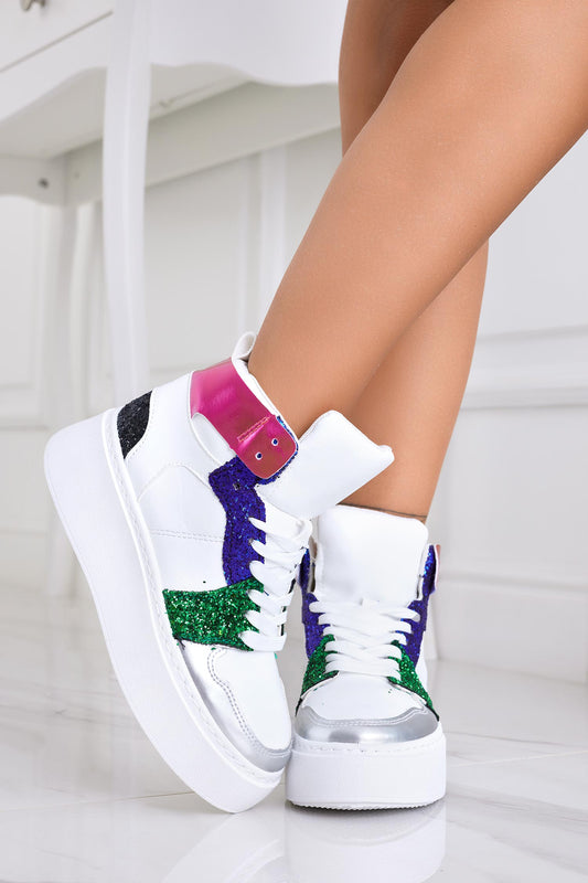 ROSINA - White sneakers with multicolor glitter inserts