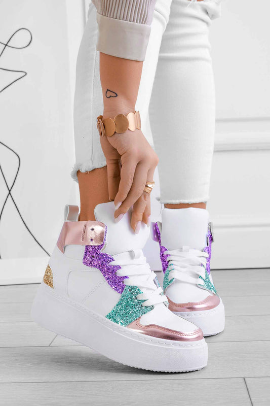 ROSINA - White sneakers with multicolor glitter inserts