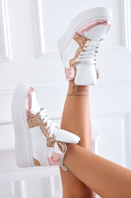 ROSINA - White sneakers with rose gold glitter inserts