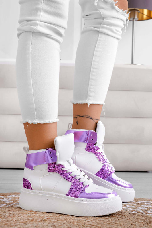 ROSINA - White sneakers with purple glitter inserts