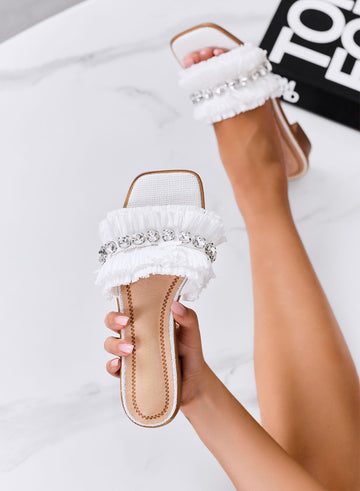 ROSITA - White sandal slippers with rhinestone strap and comfortable heel
