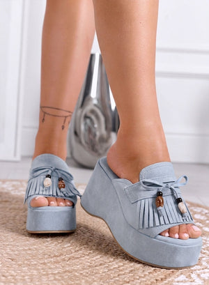 ROVE - Taupe wedge mules with fringe