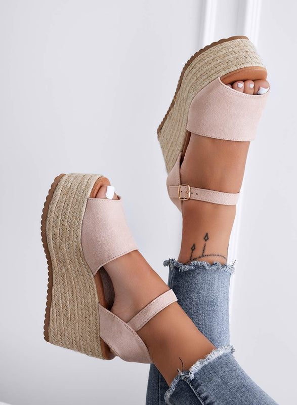 ROXIE - Beige suede espadrille sandals with wedge heel
