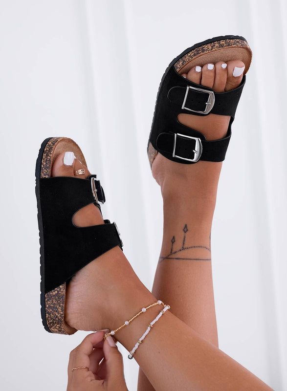 ROXY - Black Suede Buckle Slide Sandals