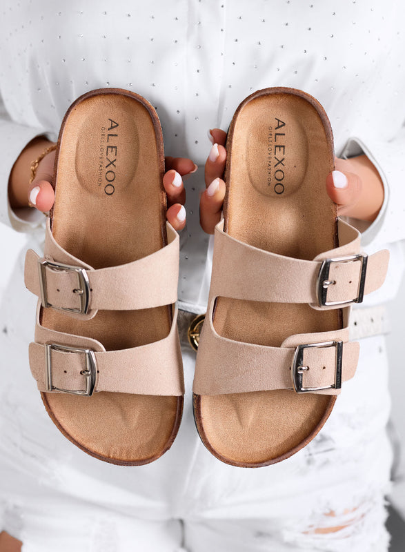 ROXY - Beige suede slip-on sandals with buckles
