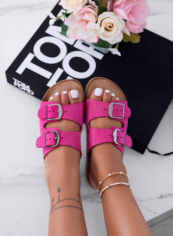 ROXY - Fuchsia suede slip-on sandals with buckles