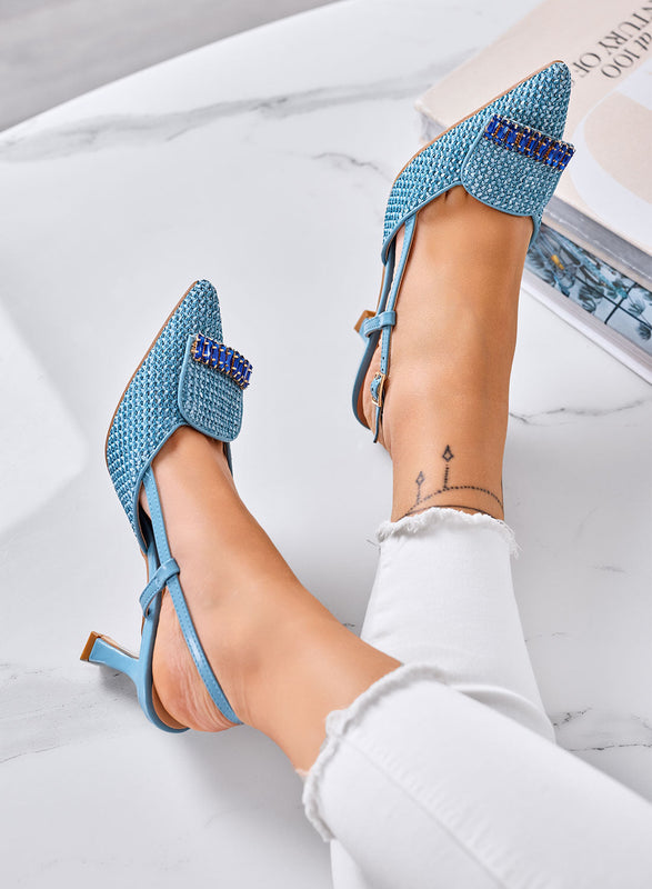 RUSH – Blue Slingback Pumps with Woven Design and Jewel Application