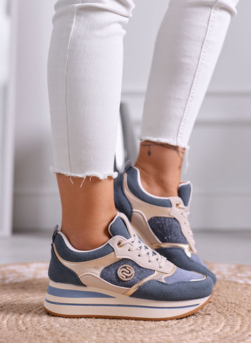 SABINA - Sneakers Azzurre Platform con Inserti oro Laminati