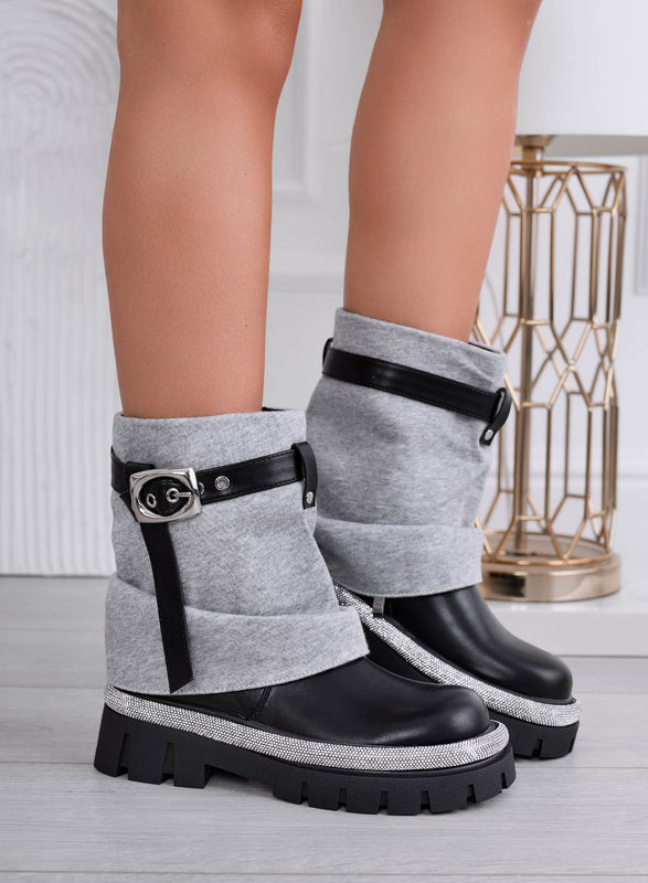 SALLY - Bottines noires avec revers gris et bordure en strass