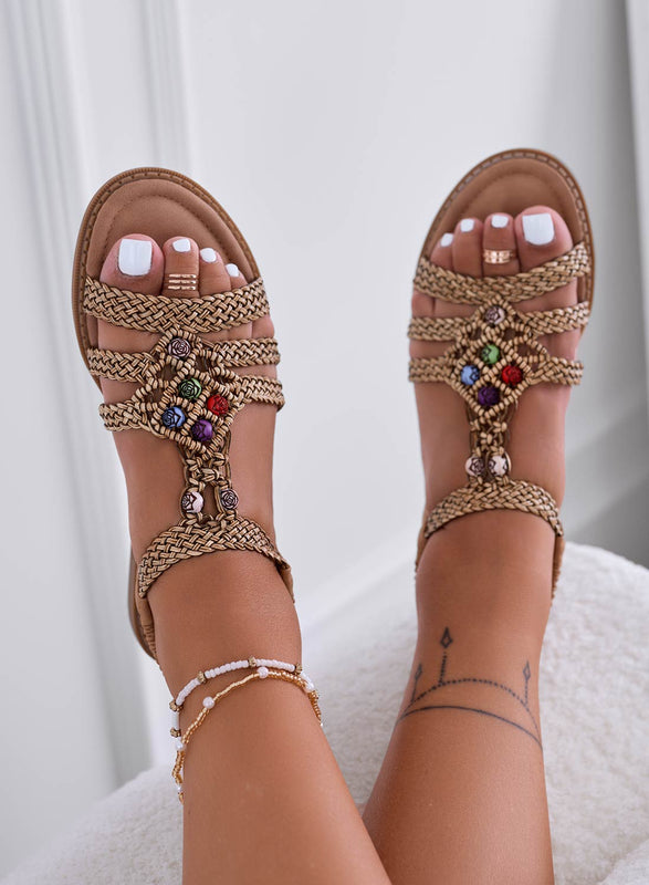 SAMANTA - Sandales plats taupe en tissu tressé et roses multicolores