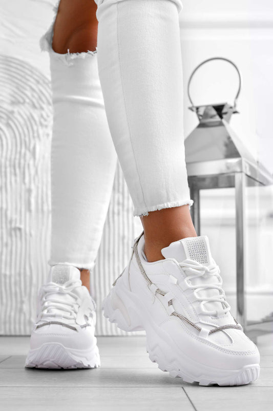 SAMMY - White sneakers with high sole and rhinestones
