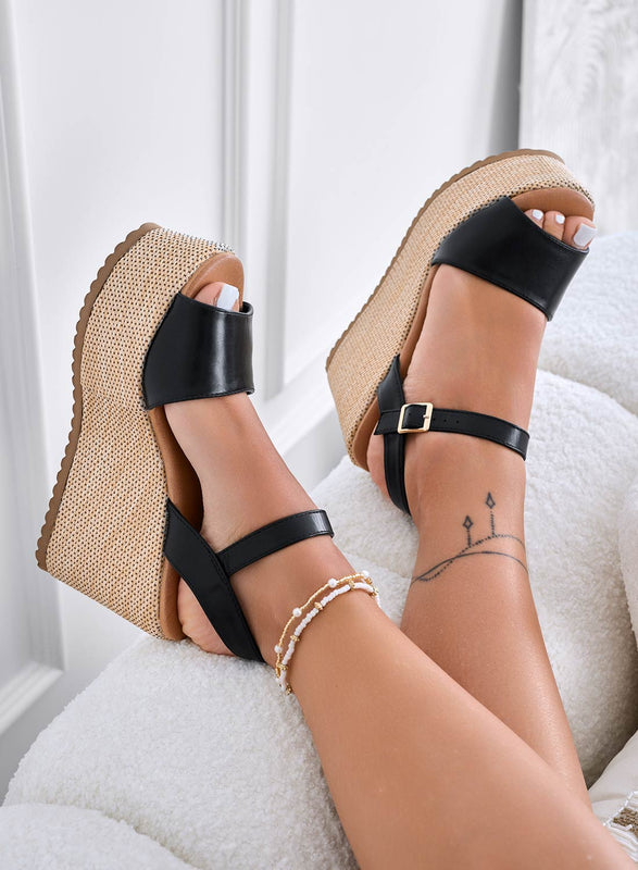 SERENITY - Black wedge sandals with ankle strap