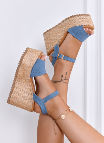 SERENITY - Blue denim wedge sandals with ankle strap