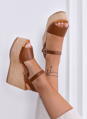 SERENITY - Camel wedge sandals with ankle strap