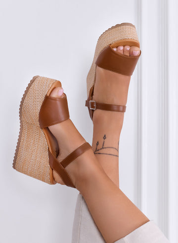 SERENITY - Camel wedge sandals with ankle strap