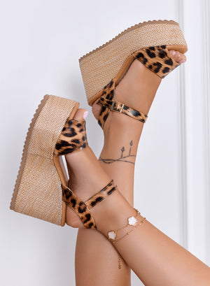 SERENITY - Leopard print wedge sandals with ankle strap