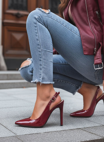 SHADOW - Burgundy patent leather pumps with slingback strap and 12 cm heel