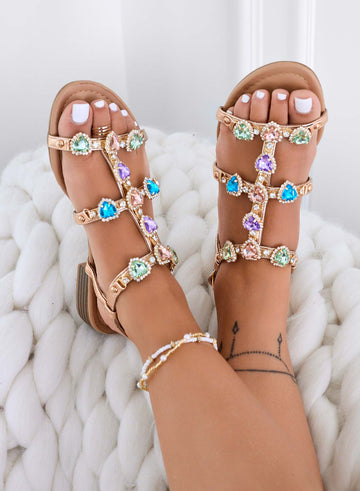 SHANA - Low champagne sandals with multicolor jeweled stones
