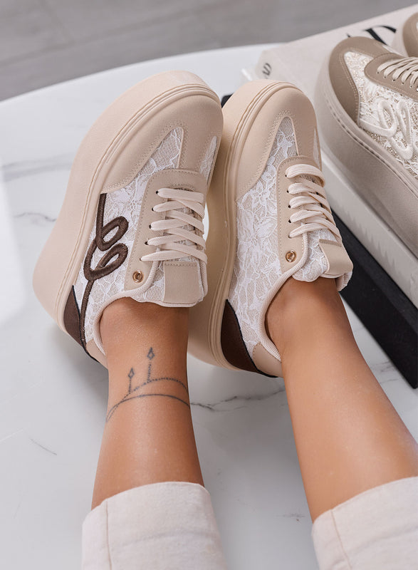 SHARON - Sneakers Donna Beige con Pizzo e Suola Platform