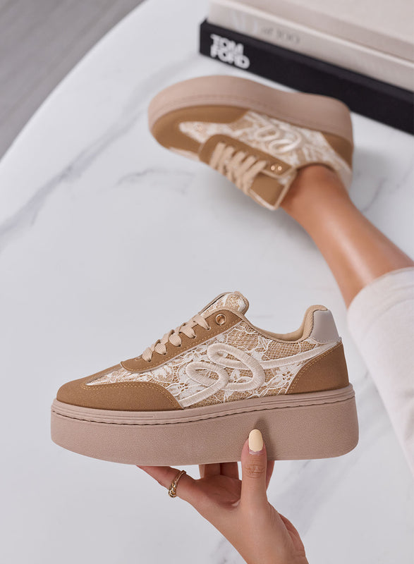 SHARON - Sneakers Donna camel con Pizzo e Suola Platform