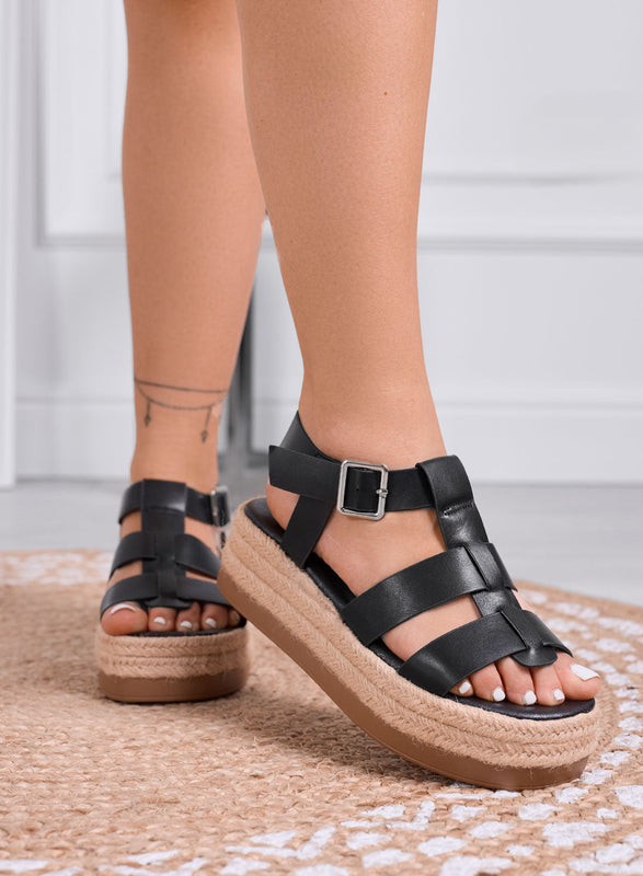 SHELLY – Black platform sandals with wide straps and rope sole