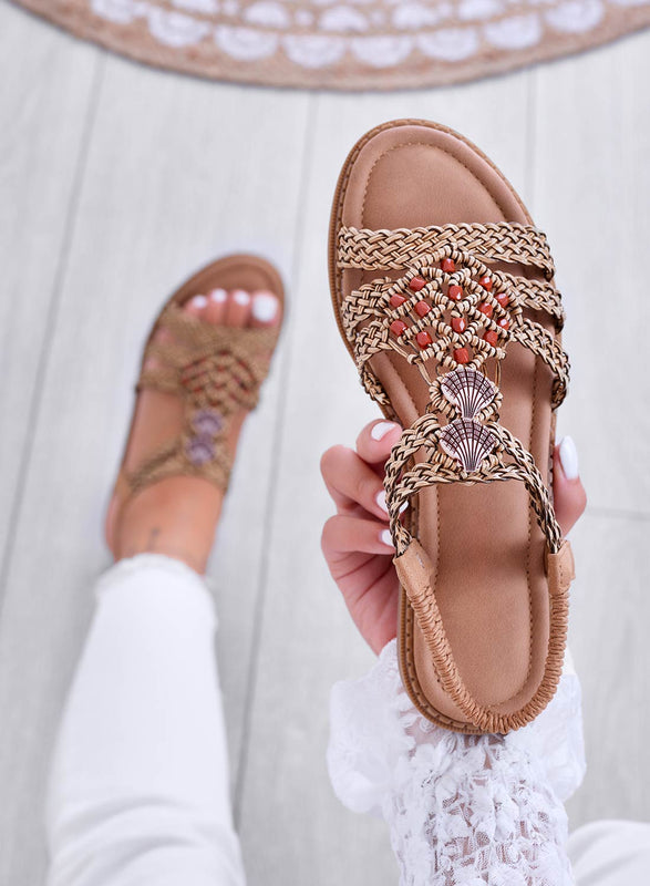 SIBILLA - Low mud sandals in woven fabric and shells