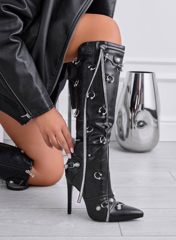 SILVANA - Bottes biker noires à talons hauts aiguilles et lacets ornés de strass