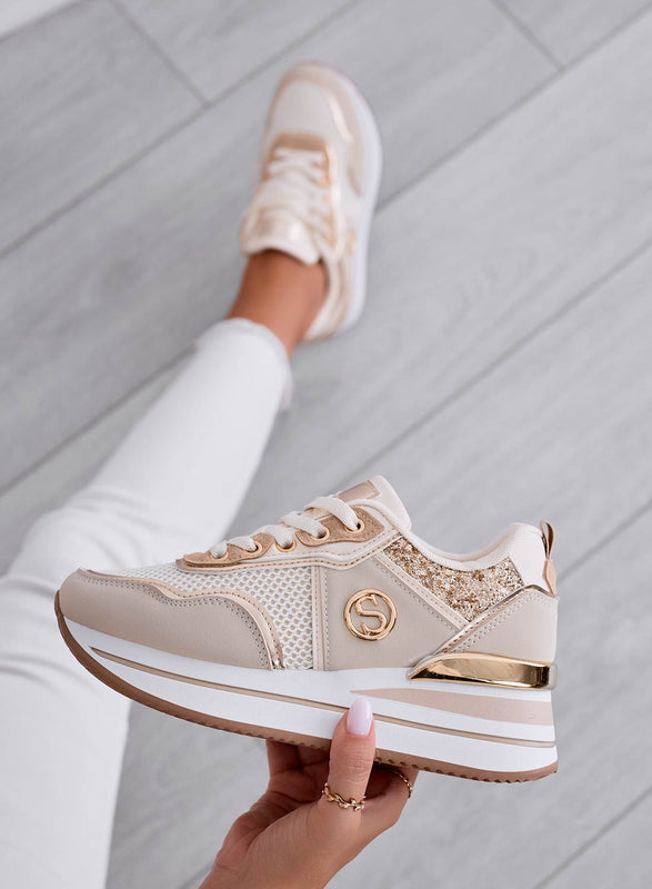 SMITH - Beige sneakers with gold glitter inserts