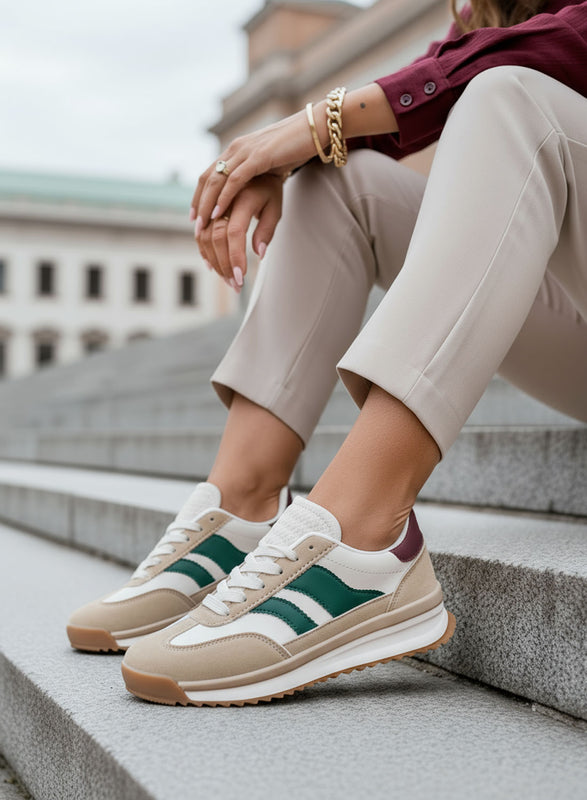 BIELLA - Beige fabric sneakers with green details and rubber sole