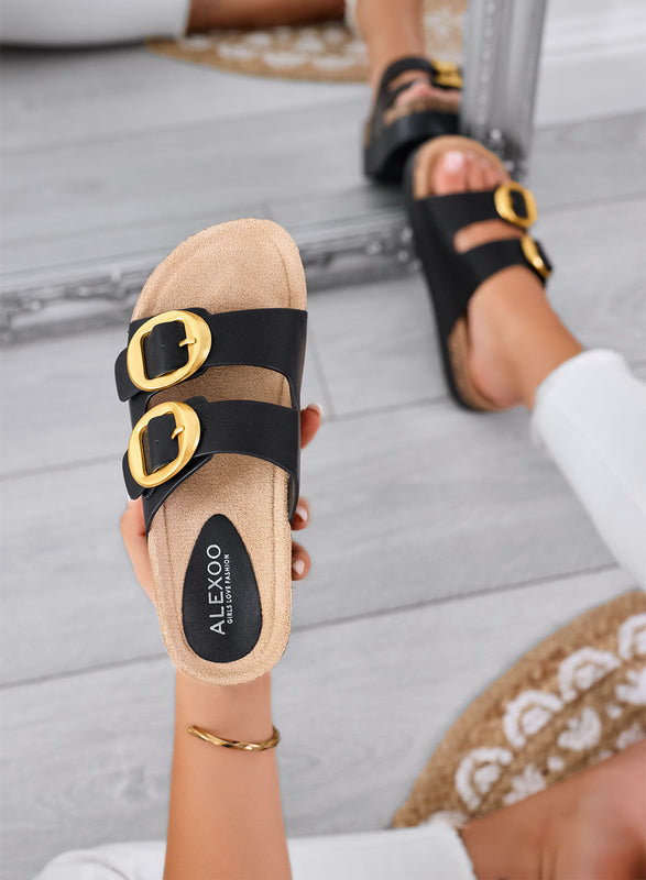 SOFIA – Black platform slide sandals with double gold buckle