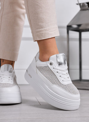 SONIA - White sneakers with fabric inserts and silver details