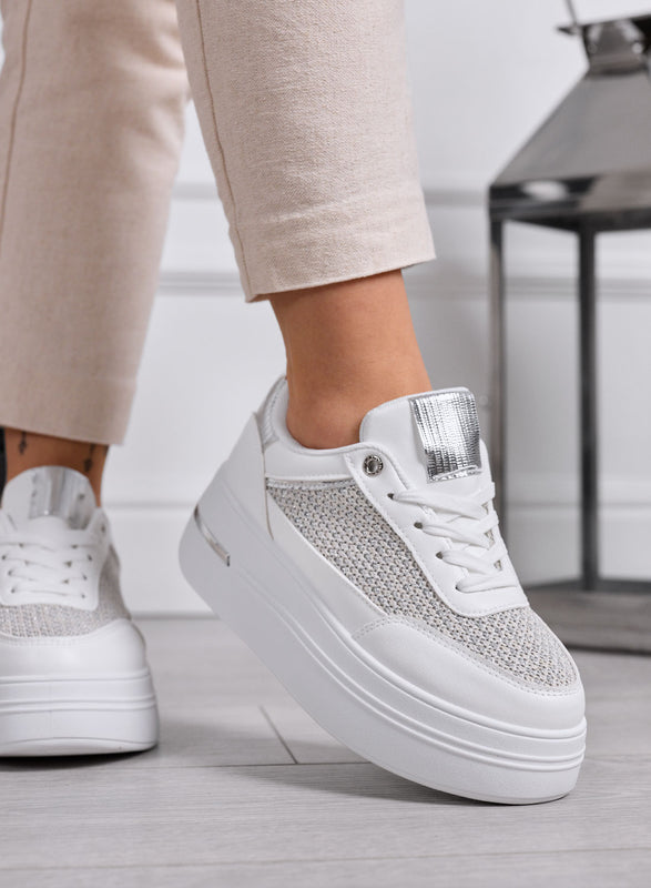 SONIA - White sneakers with fabric inserts and silver details