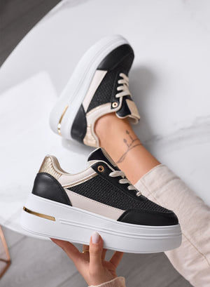 SONIA - Black sneakers with fabric inserts and gold details