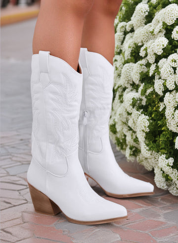 White camper ankle boots with embossed embroidery