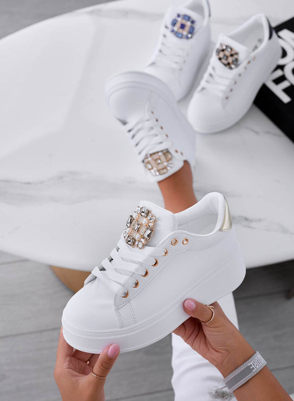 SOPHIE - White sneakers with jewel application and gold back