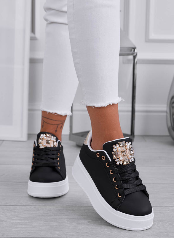 SOPHIE - Black sneakers with jewel application and gold back