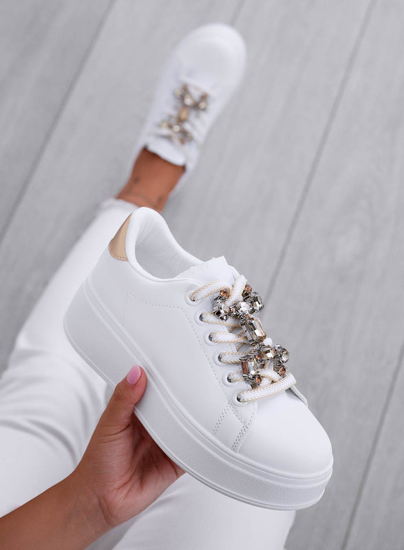 SORAYA - White sneakers with jewel application and gold back